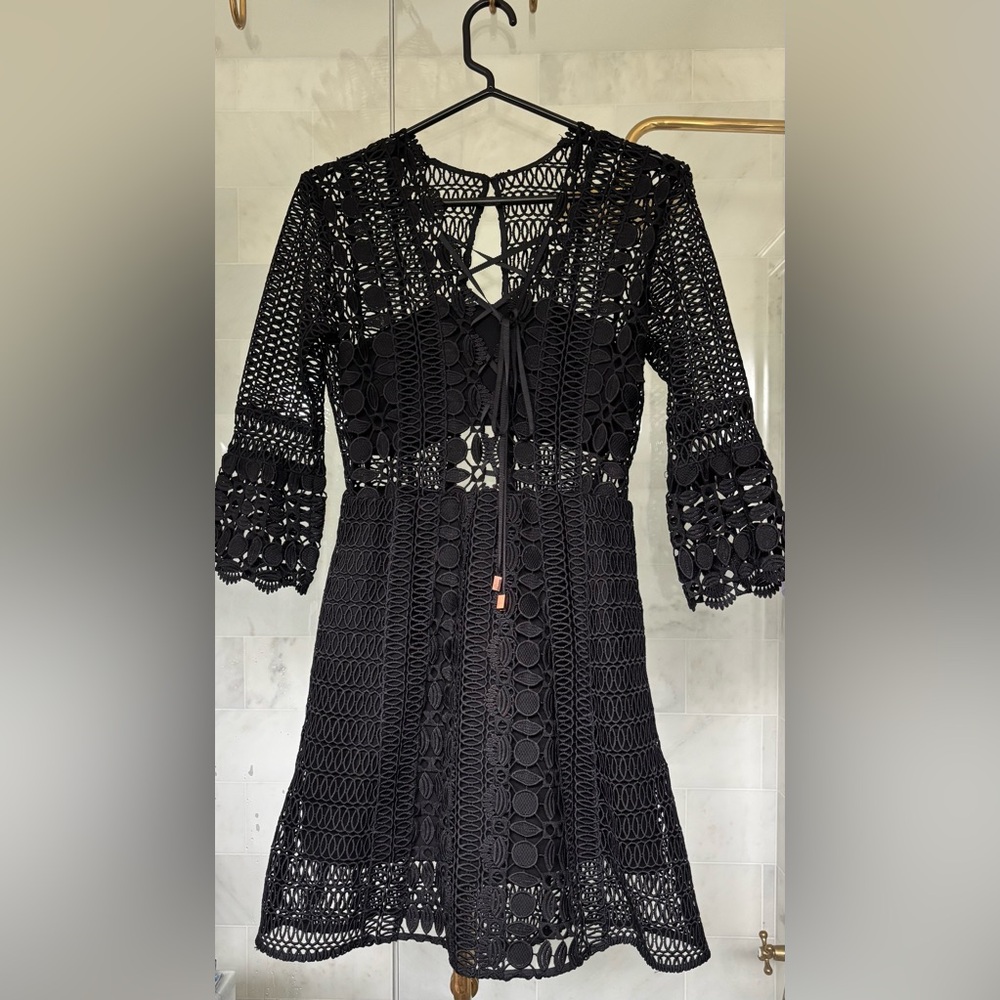 SELF PORTRAIT Black A-Line Guipure Lace Up Mini Dress 2
